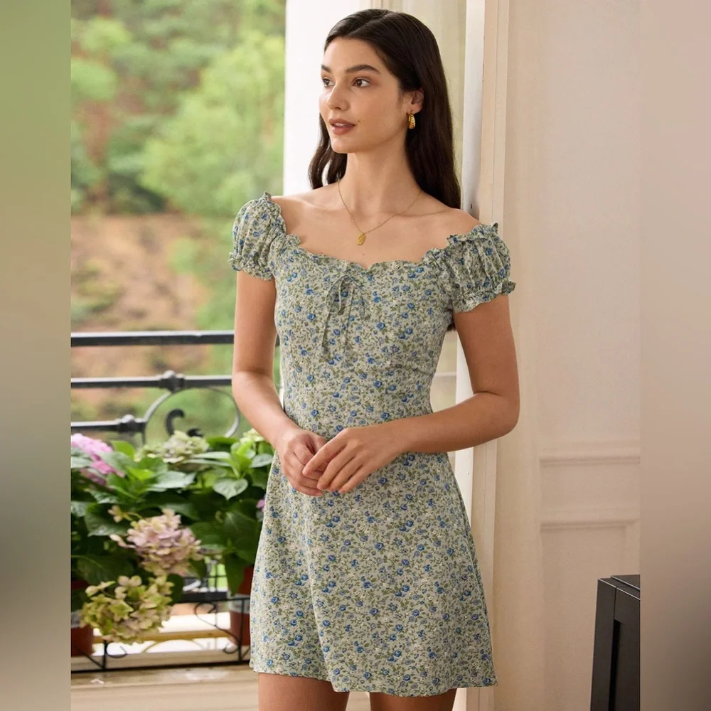 RIHOAS Blue Floral Puff-Sleeve Midi Dress
